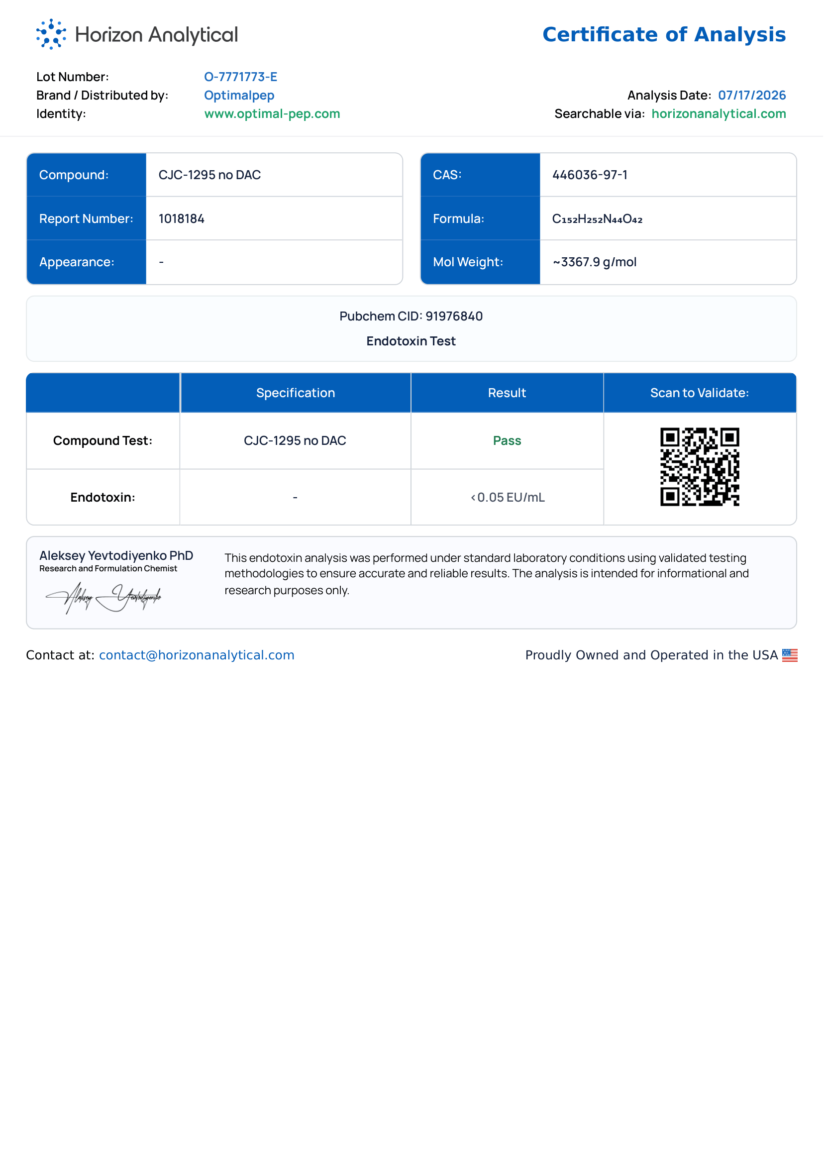 CJC-1295 No DAC 10mg Endotoxin Report