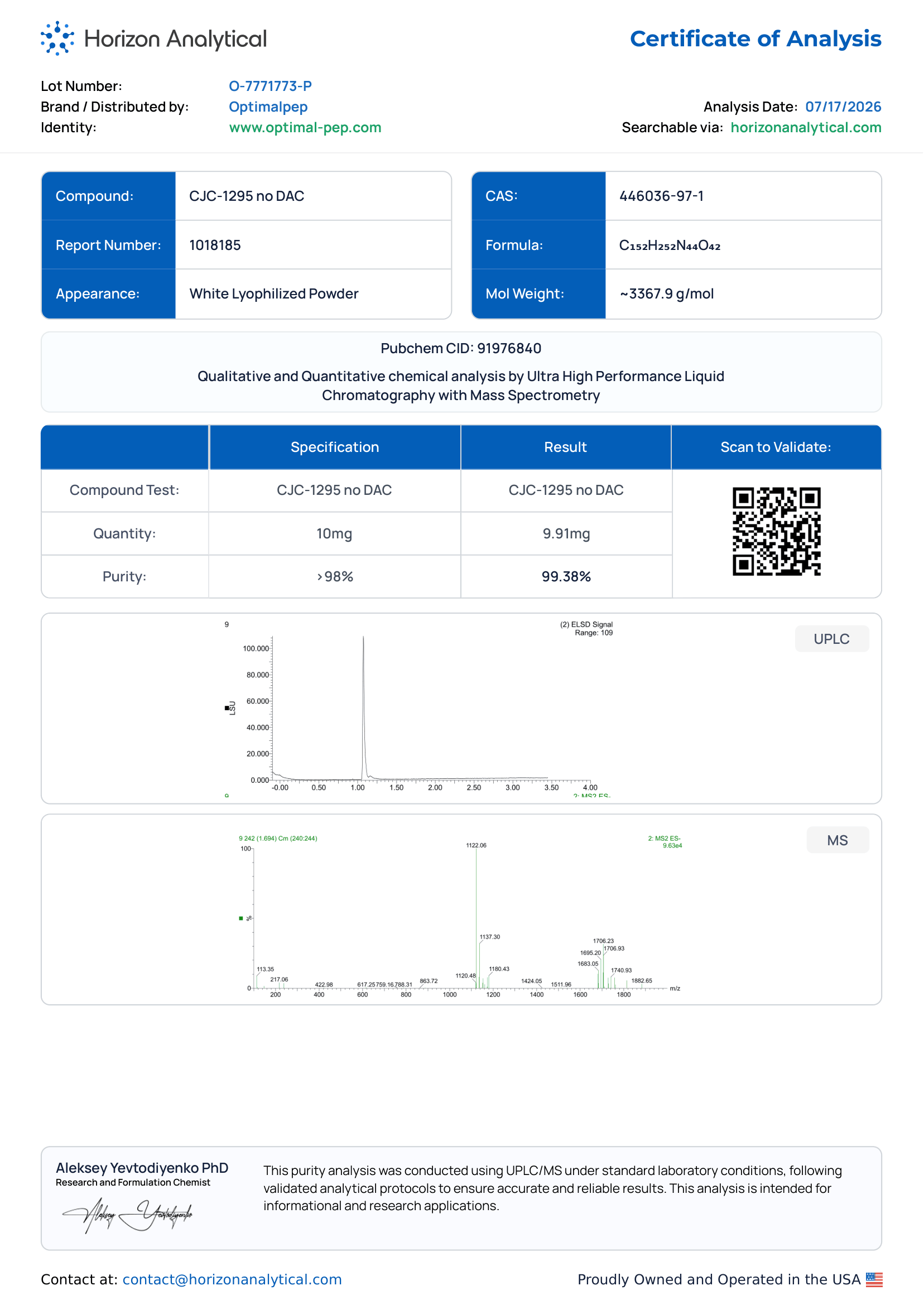 CJC-1295 No DAC 10mg Purity COA Page 1