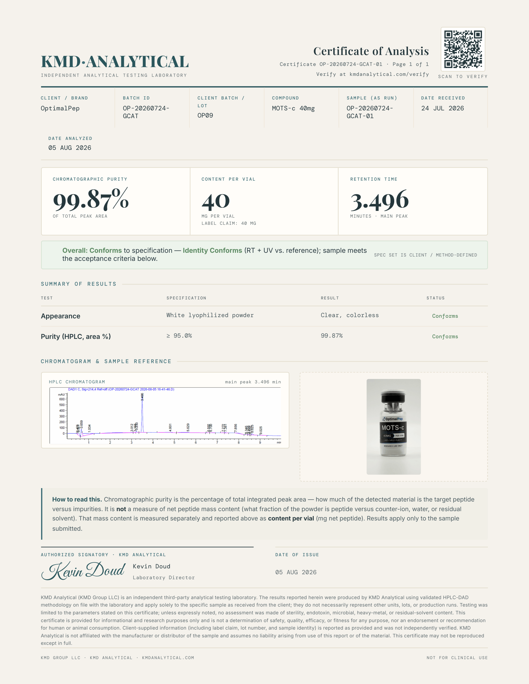 MOTS-c Purity COA Page 1