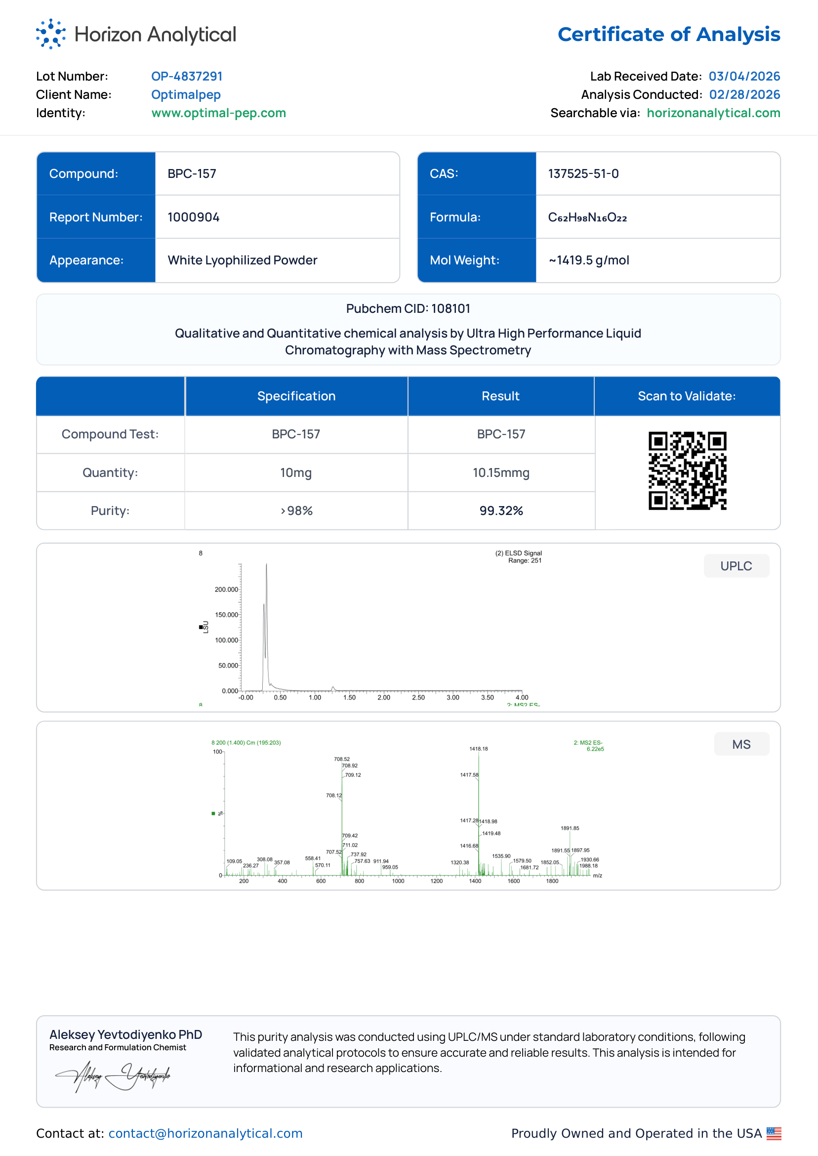 KLOW BPC-157 Purity COA Page 1