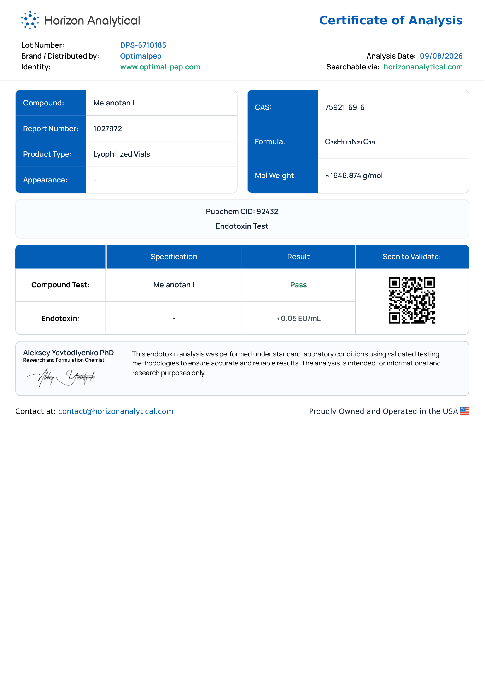 Melanotan-1 Endotoxin Report